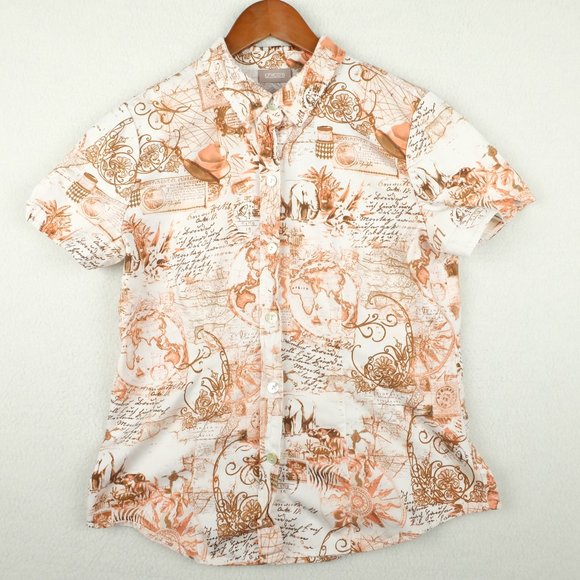 Chicos Womens Button Up Shirt 0 White Red Short Sleeve Travel All Over Print - Picture 1 of 9